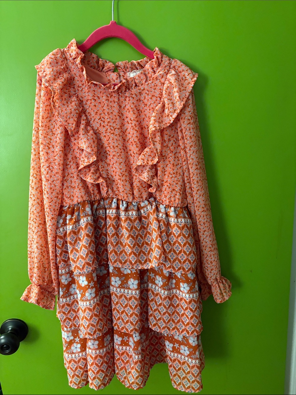 btween Coral Orange Floral Ruffle Tiered Dress